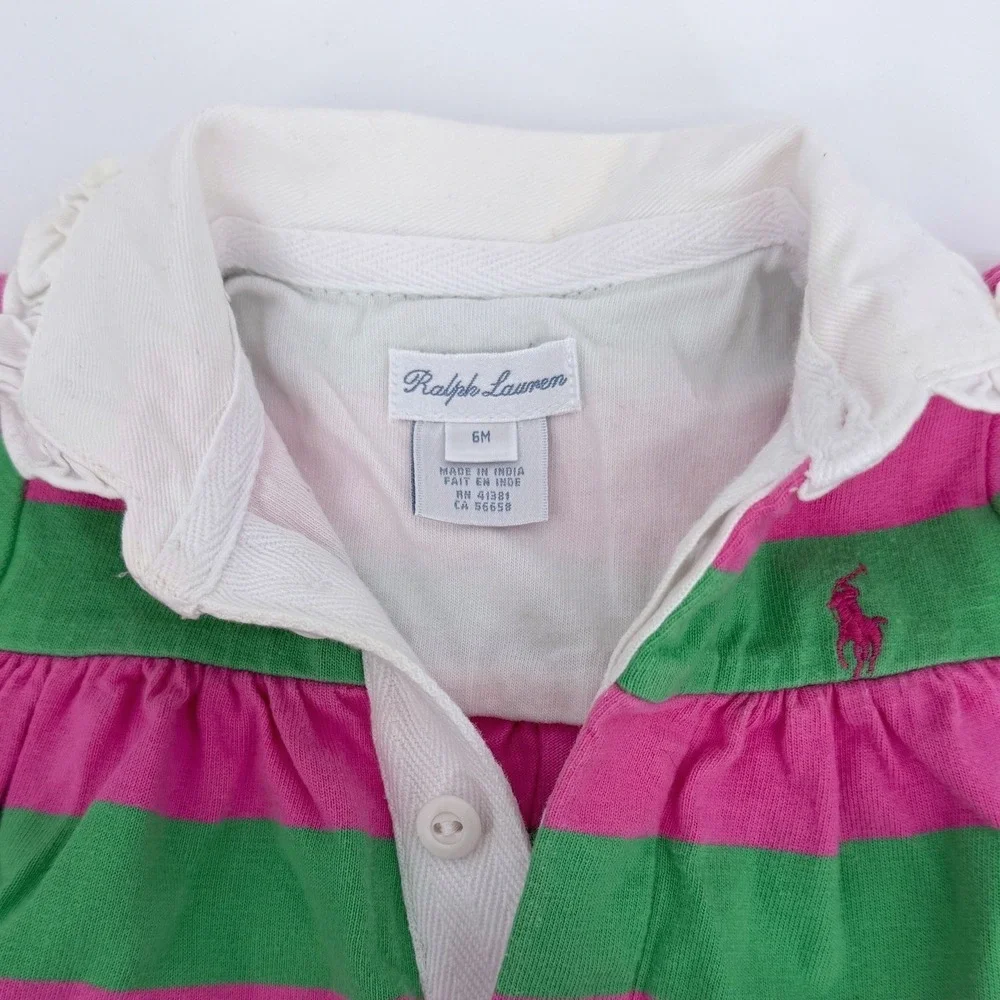Ralph Lauren‎ Baby Pink Green Striped Romper Ruffle Collar Embroidered Pony 6 M